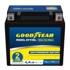 Goodyear GYTX5L front view battery shows compact maintenance free design for quick installation