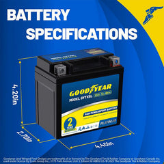 Goodyear GYTX5L rear view battery highlights sealed construction for reliable mounting
