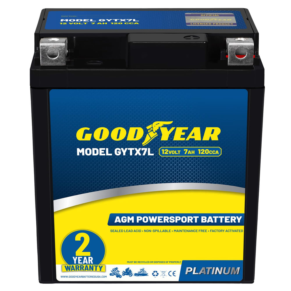 Goodyear GYTX7L front view, compact AGM battery for bikes and ATVs.