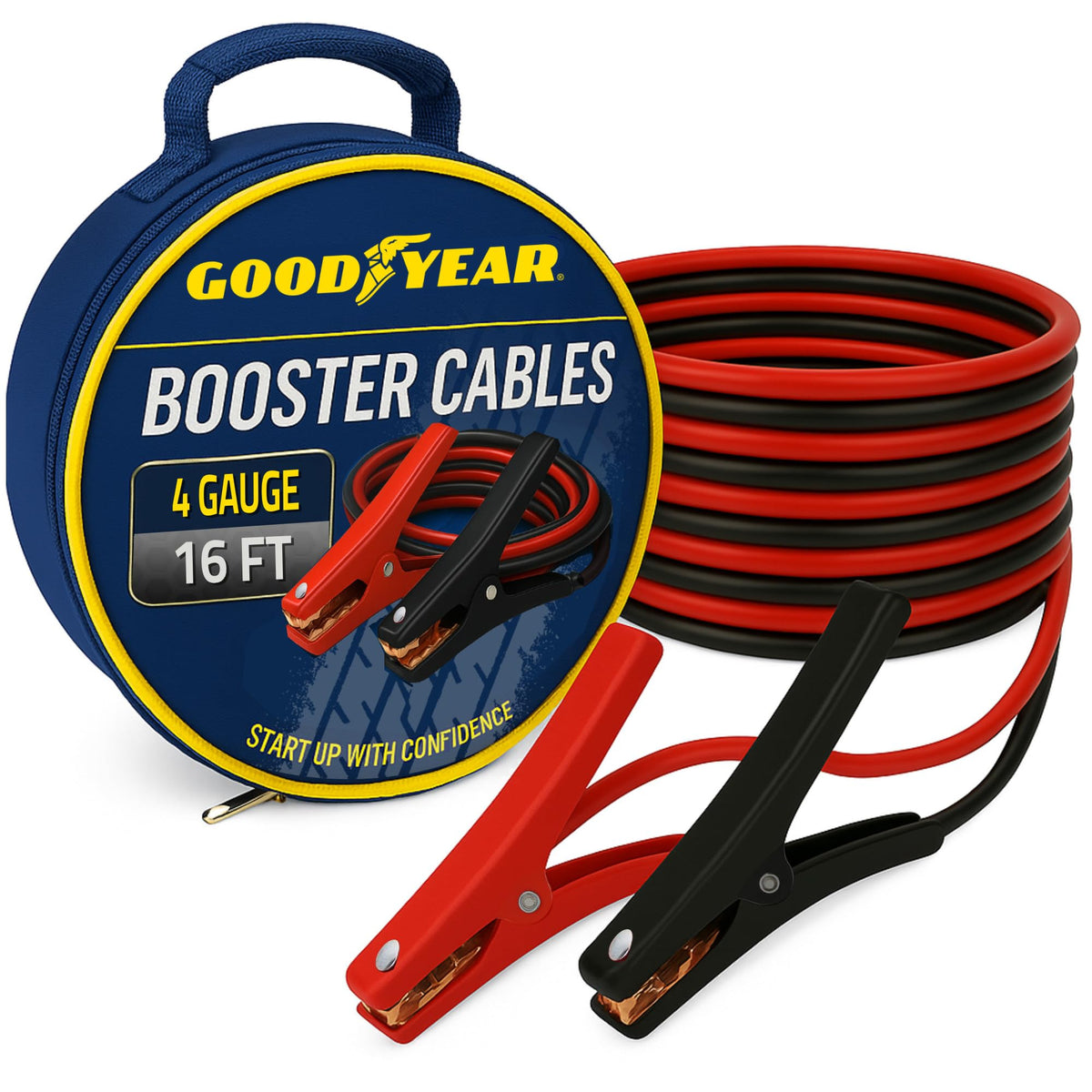 Goodyear heavy-duty jumper cables with 4 gauge for quick roadside boosts.