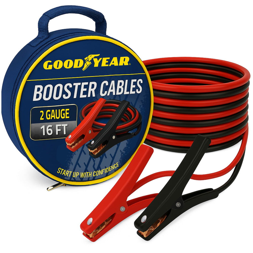 Goodyear 2-gauge booster cables connected for quick jump-start