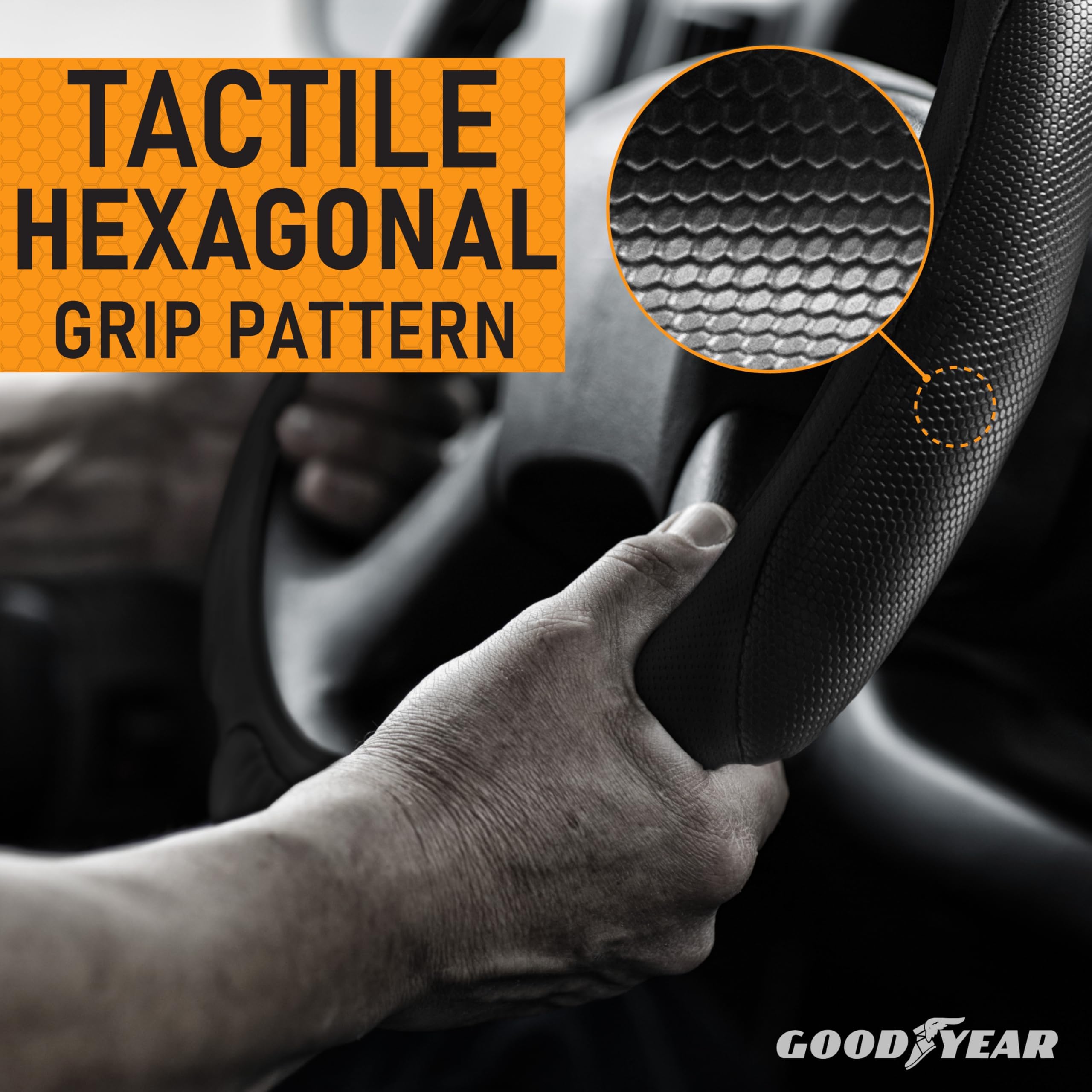 Goodyear padded steering cover reduces hand fatigue during extended driving sessions.