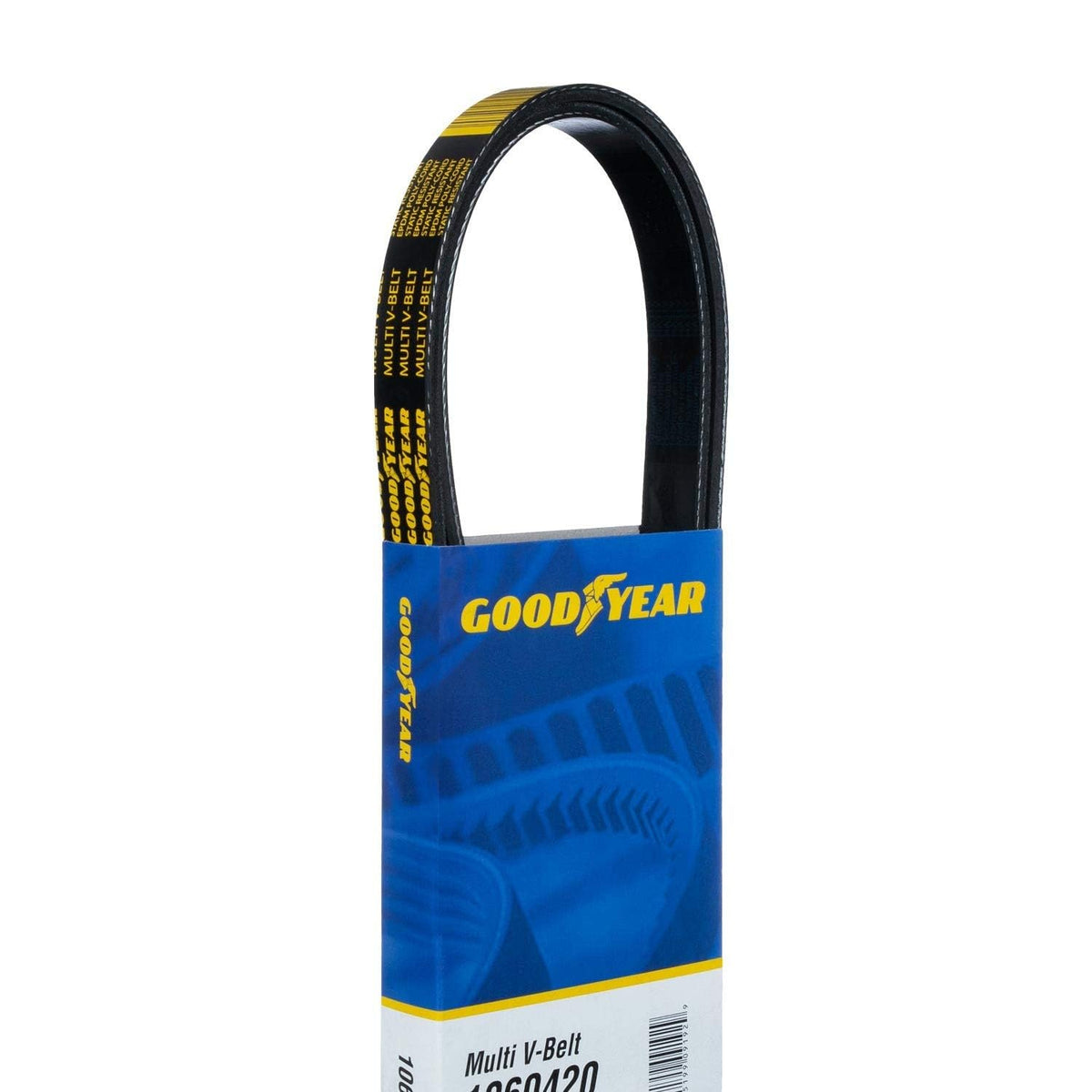 Goodyear 1060480 serpentine belt close-up highlighting durable EPDM rubber
