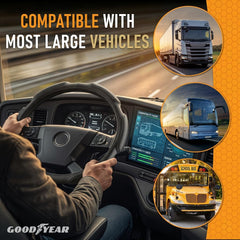 Goodyear vegan leather grip steering cover boosts comfort and durability on long hauls.