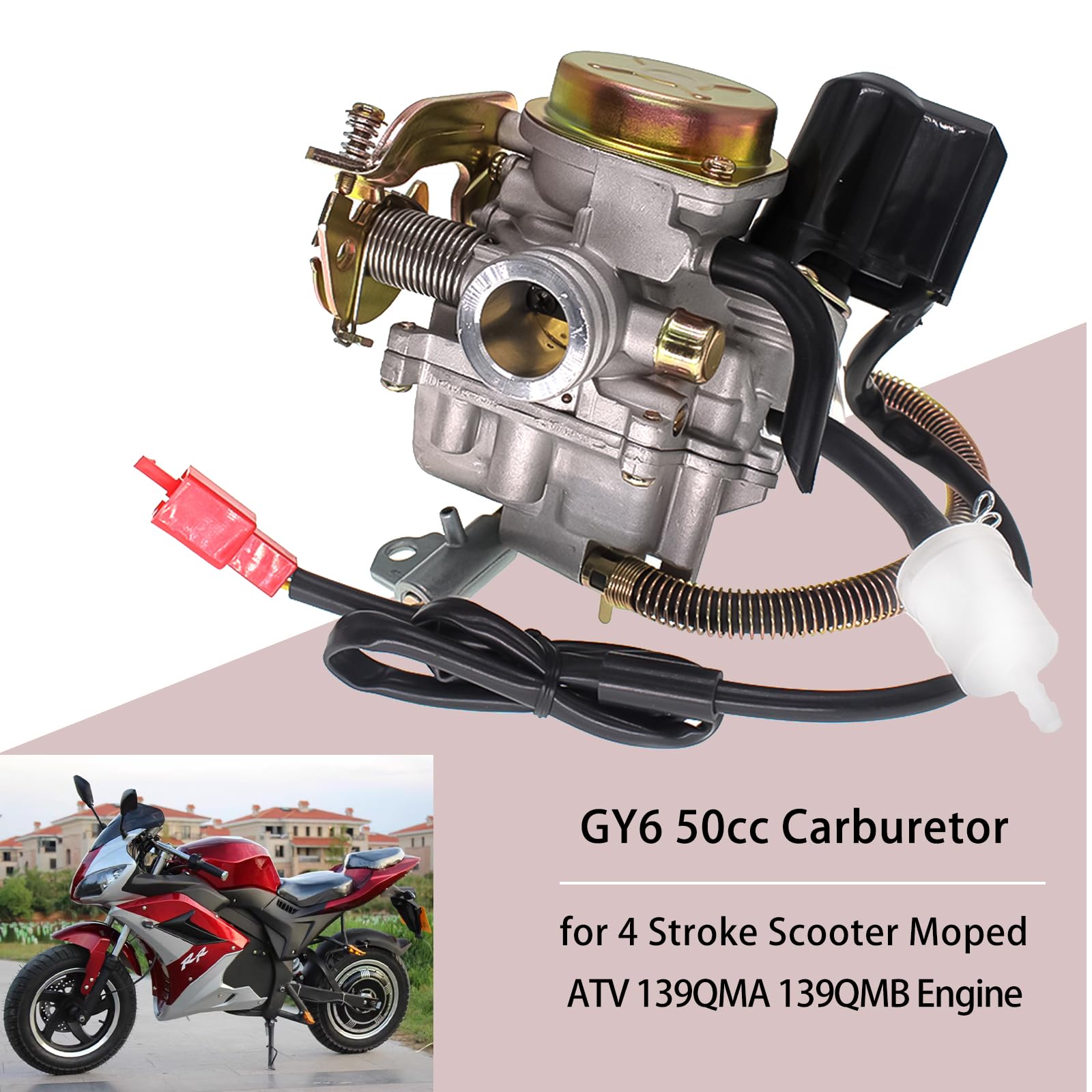 GOOFOUND carburetor side install view highlights plug‑and‑play setup