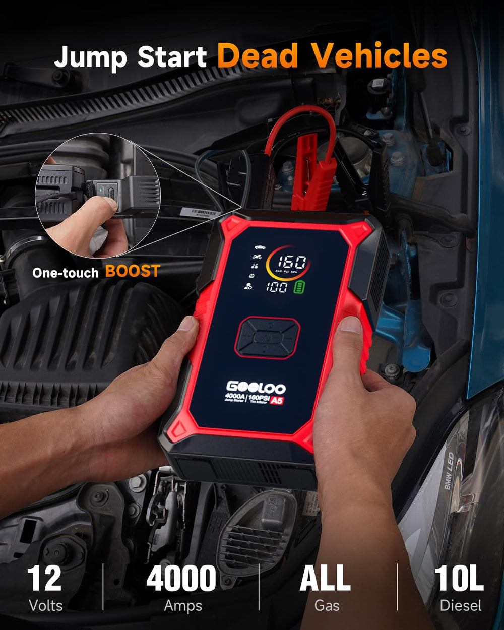 GOOLOO A5 air compressor inflating a tire to 160 PSI