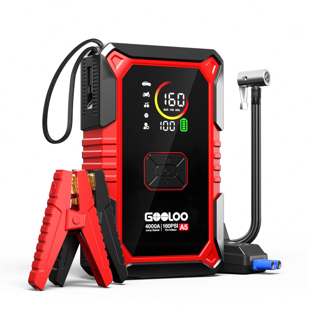 GOOLOO A5 jump starter powering a car engine on a chilly morning