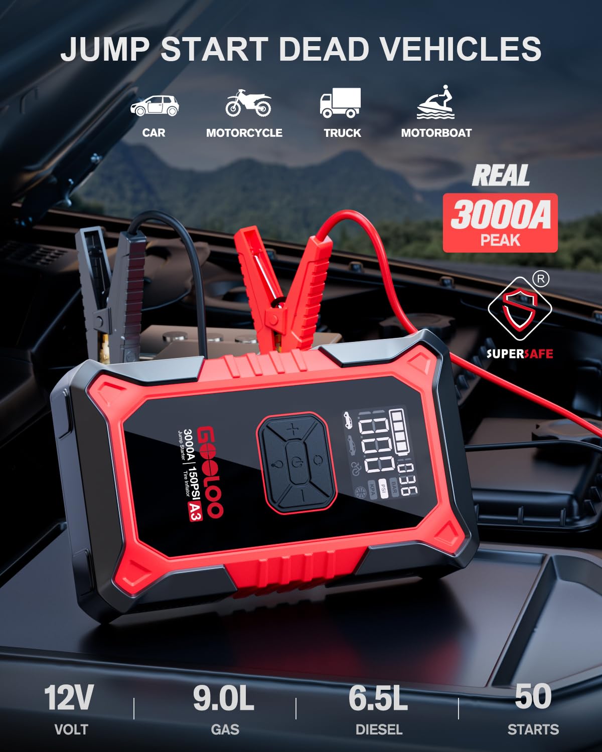 GOOLOO A3 tire inflator reaches 150 PSI for fast inflation