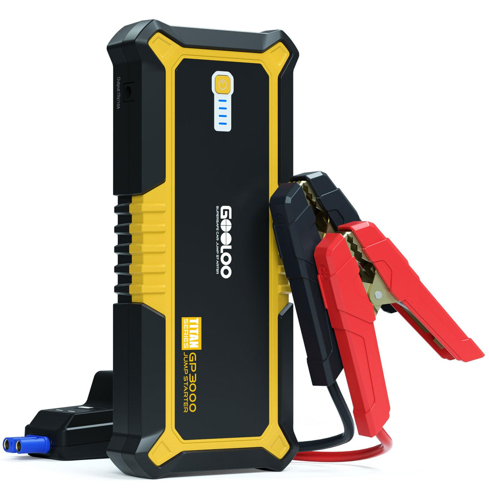 GOOLOO GP3000 front view shows rugged jump starter for roadside boosts