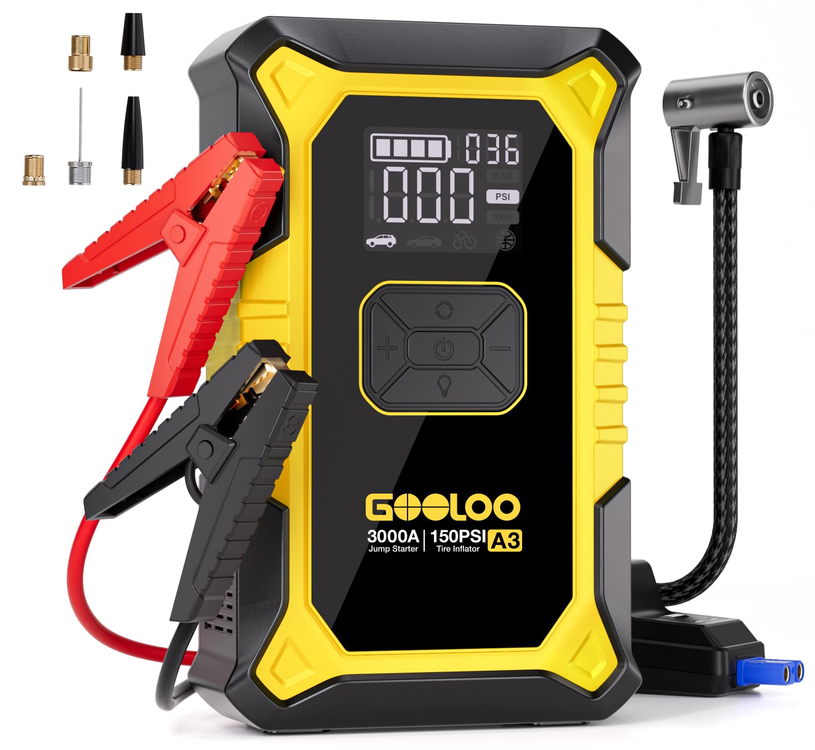 GOOLOO A3 jump starter boost button close-up for fast engine starts