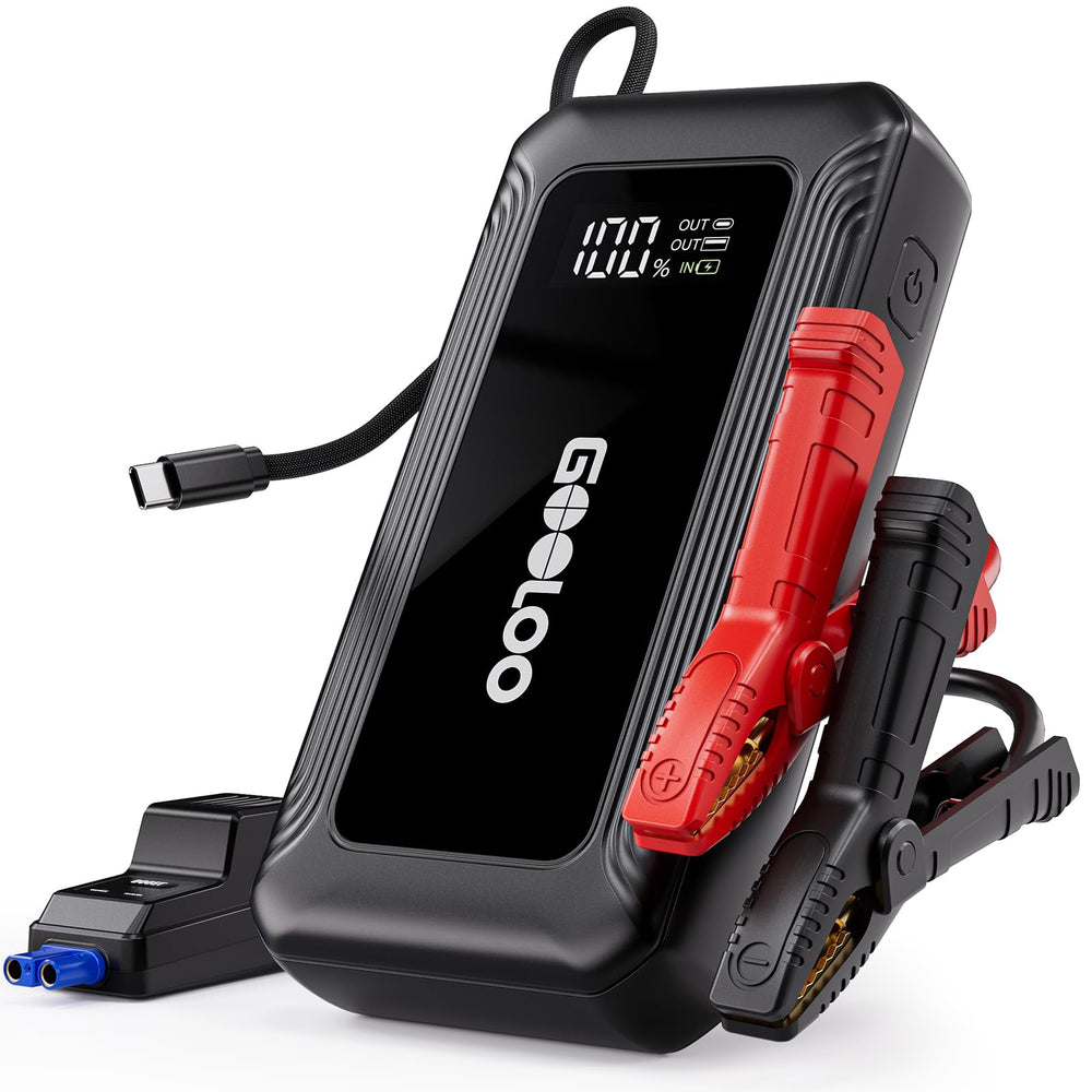 GOOLOO G7 jump starter with built-in cable for on-the-go charging.