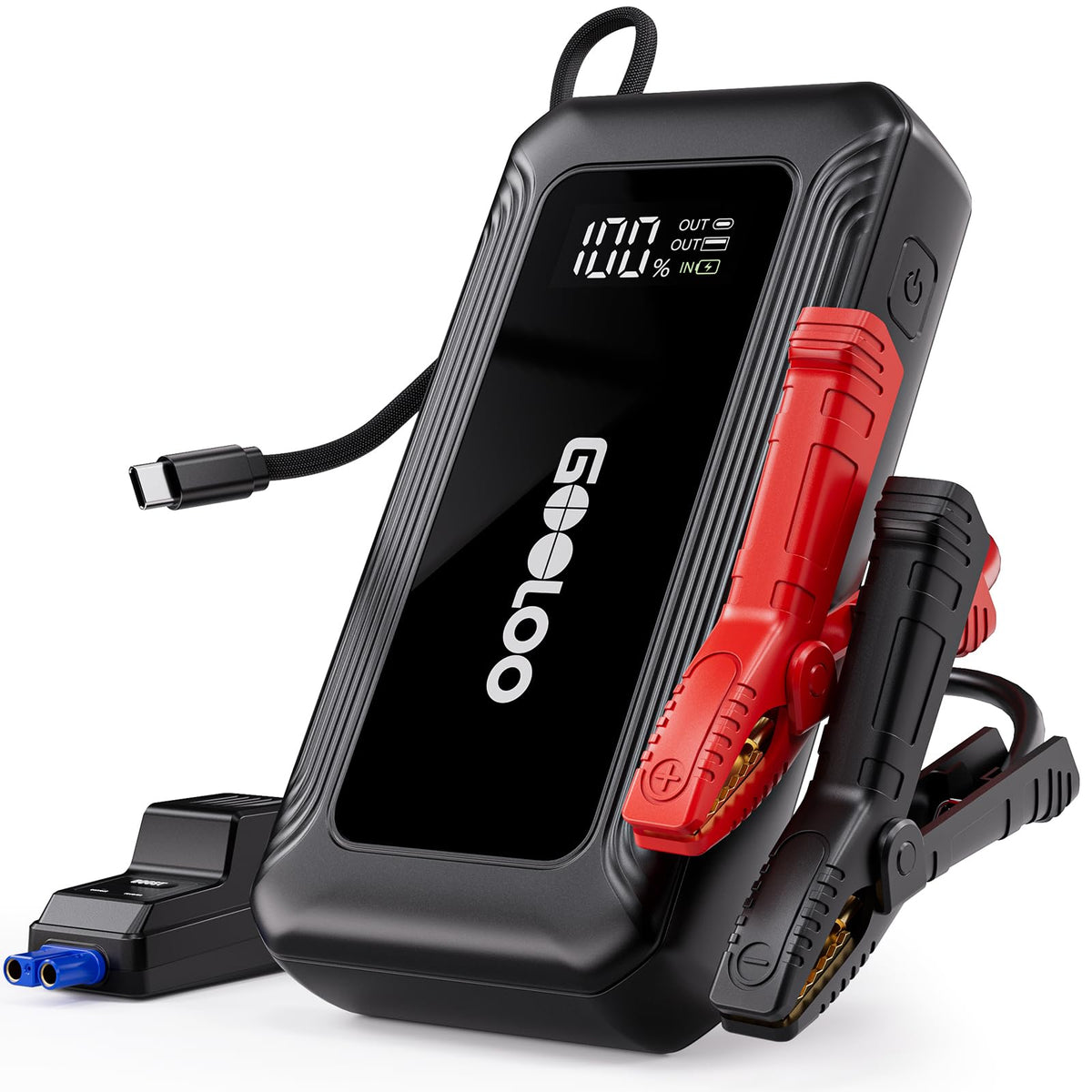 GOOLOO G7 jump starter with built-in cable for on-the-go charging.