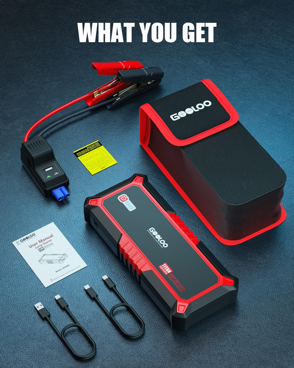 GOOLOO GP3000 kit includes accessories for jump starts.