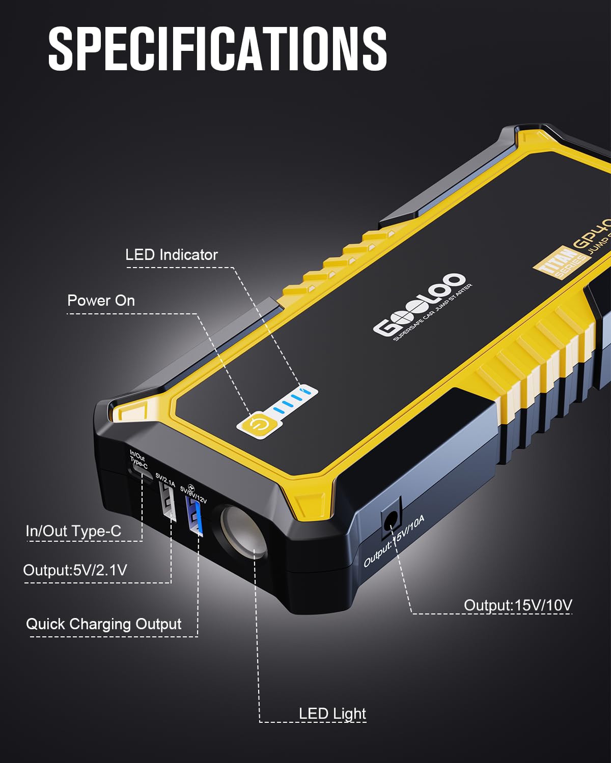 GOOLOO GP4000 built-in flashlight aids night emergencies