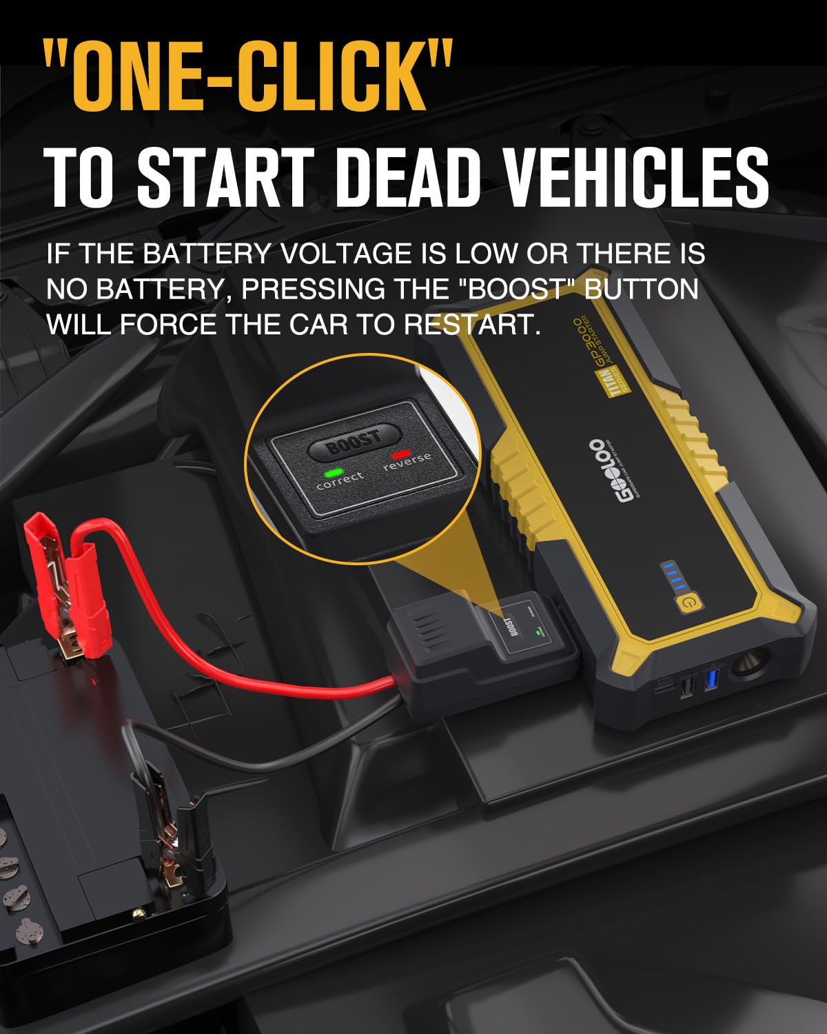 GOOLOO jumper cable in use during a car start for a secure connection.
