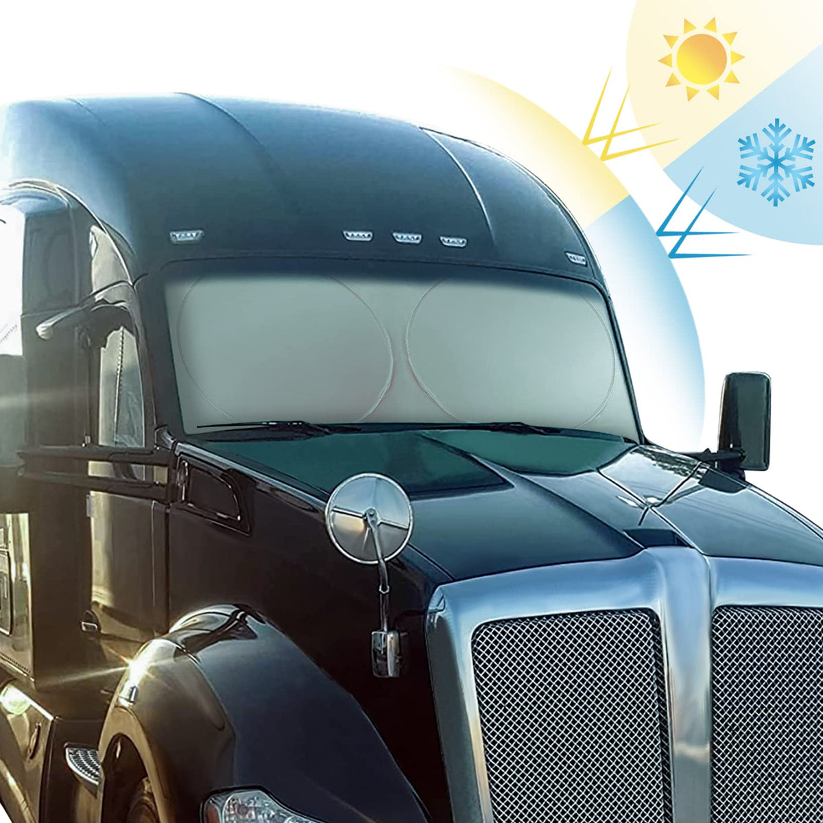 GOOSLA semi-truck sunshade on windshield reduces UV exposure and heat.