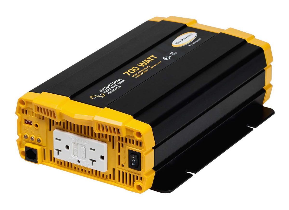 Go Power GP-ISW700 inverter front view highlighting compact size and reliable power for electronics.