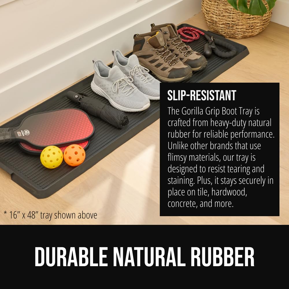 GORILLA GRIP boot tray handles demonstrate easy transport between rooms.