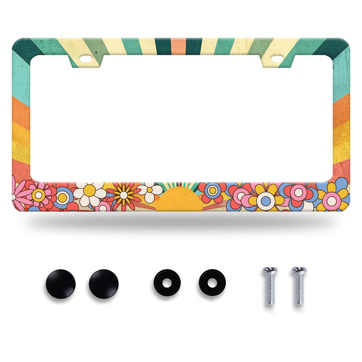 GORSNKYE rainbow retro sun license frame highlights vibrant design while remaining non-blocking