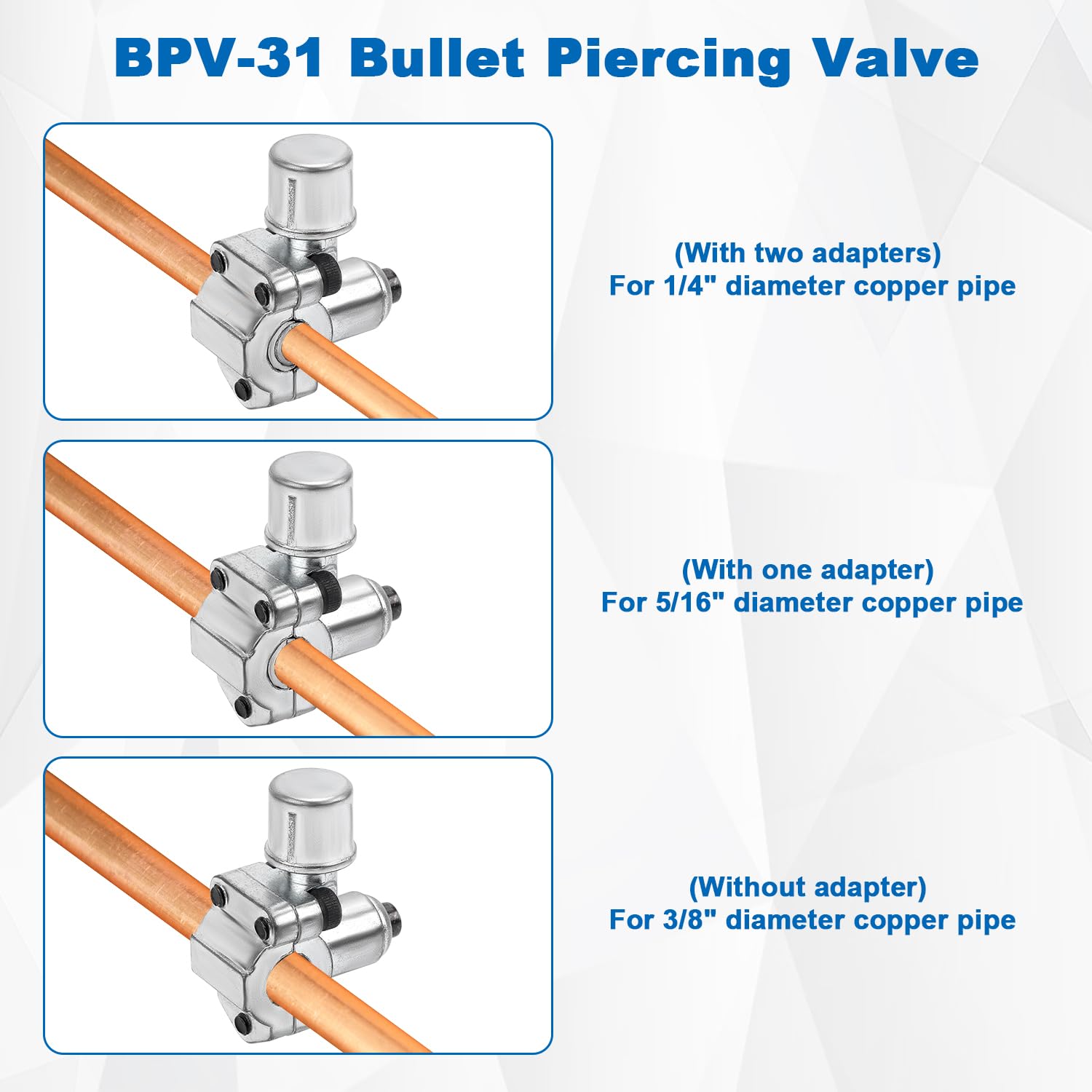 Gosknor BPV-31 adapter pack compatible with 1/4, 5/16 and 3/8 inch pipes