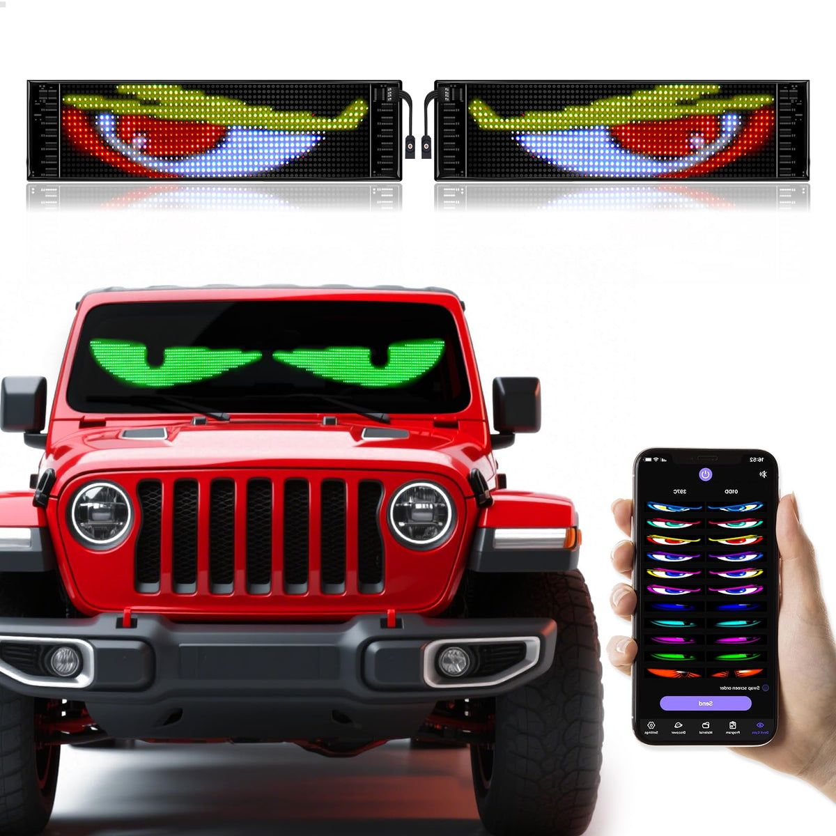 Gotus Devil Eyes Light on car window shows bold LED display for night visibility.