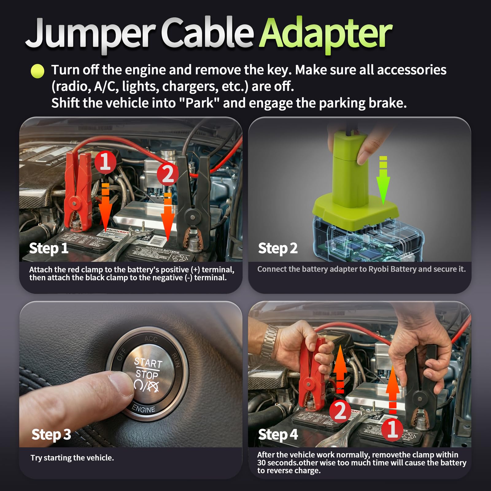 Govel booster cable works with cars, motorcycles, and lawn mowers using Ryobi power.