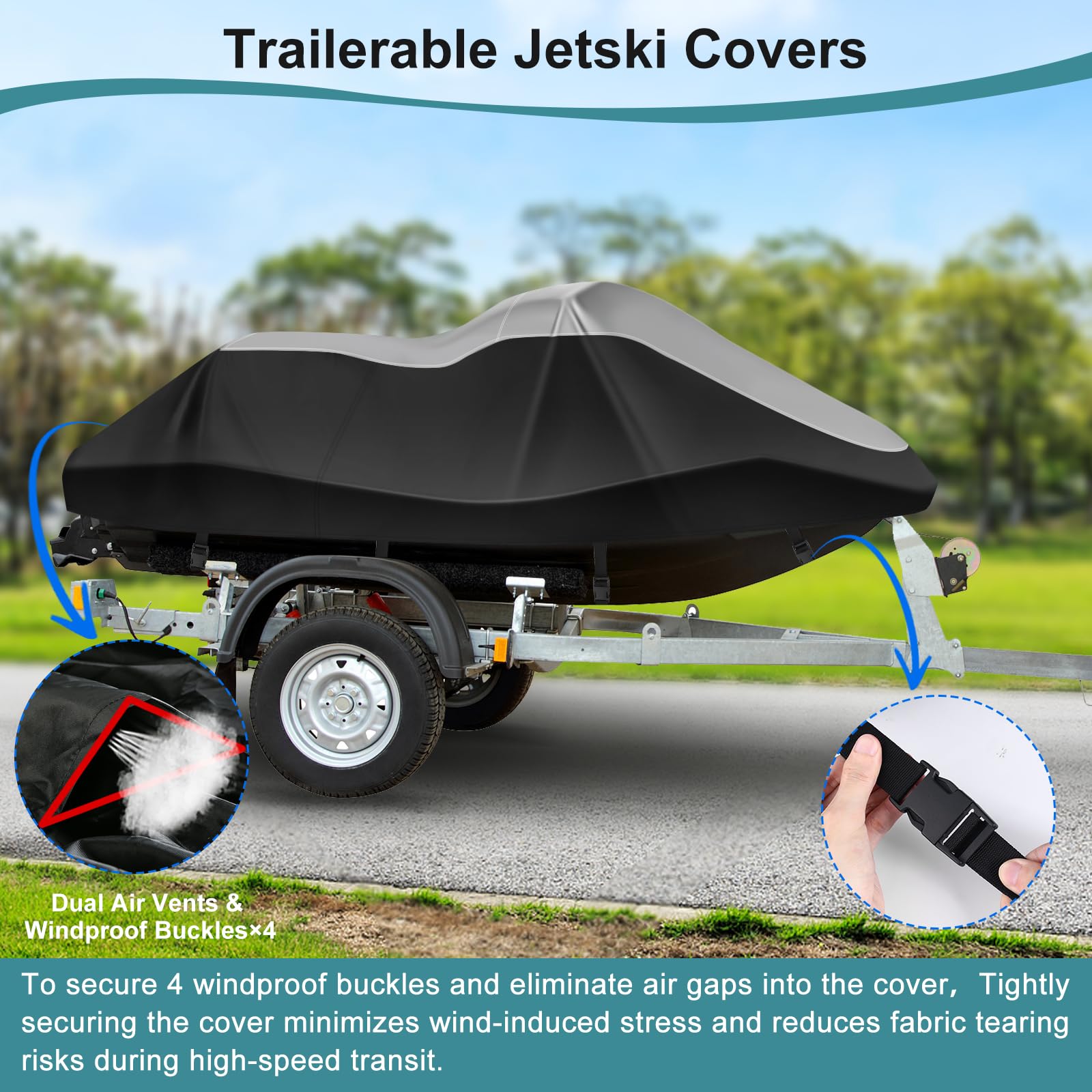 GRABADO jet ski cover left side view highlights 4 windproof buckles for secure fit