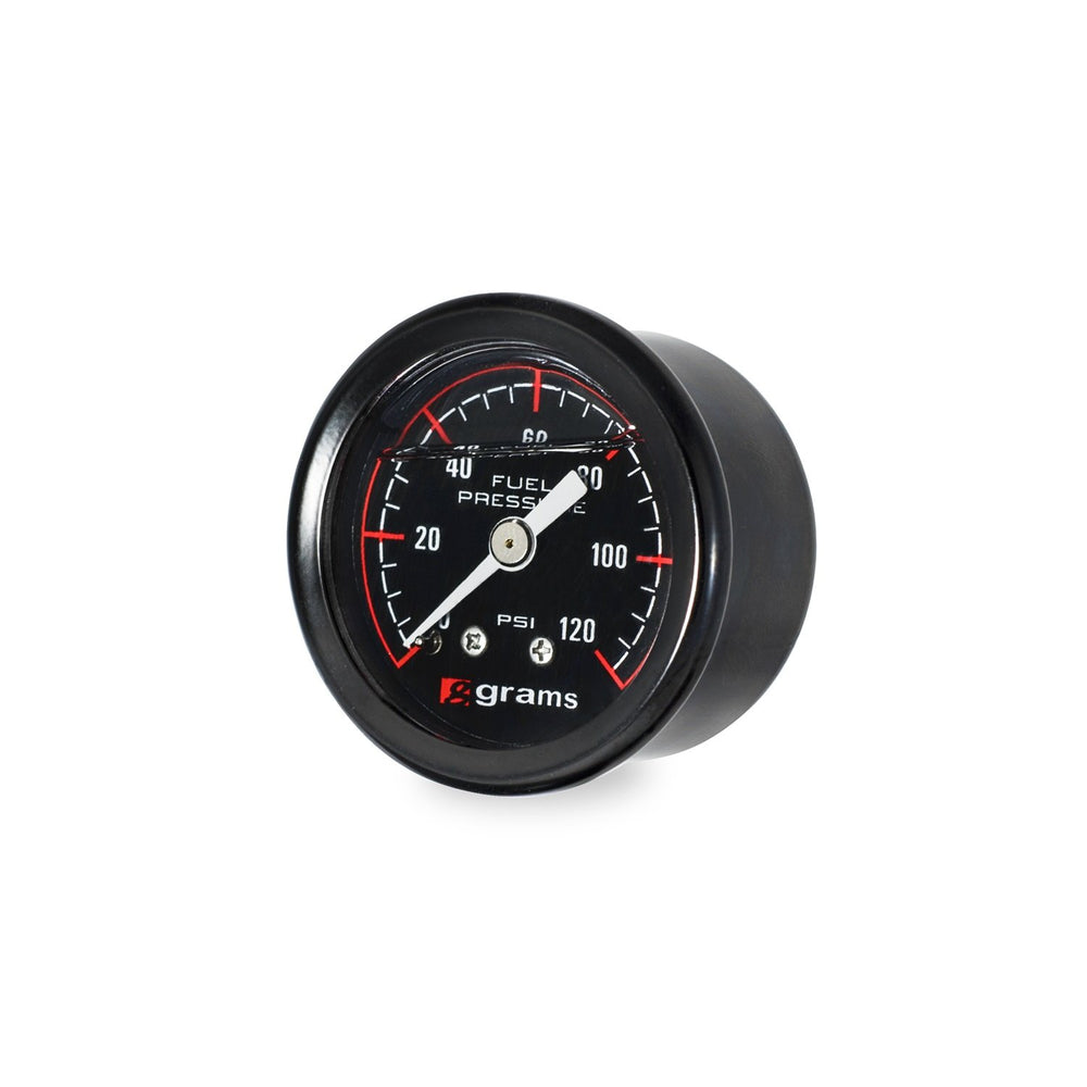 Grams Performance 120psi gauge with blk face offers quick, clear reads for EFI fuel pressure tuning