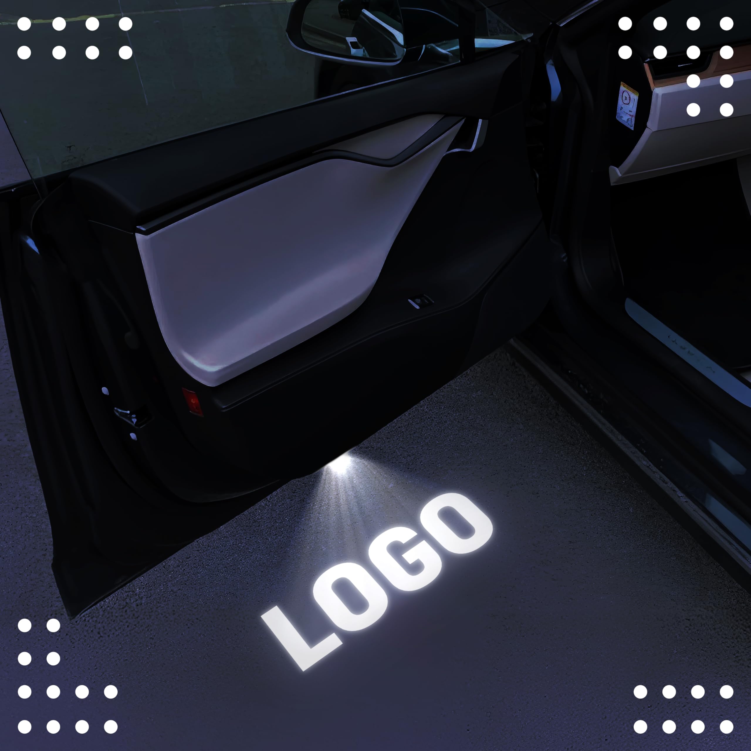 Granatan door light projecting the logo onto the ground when the door opens