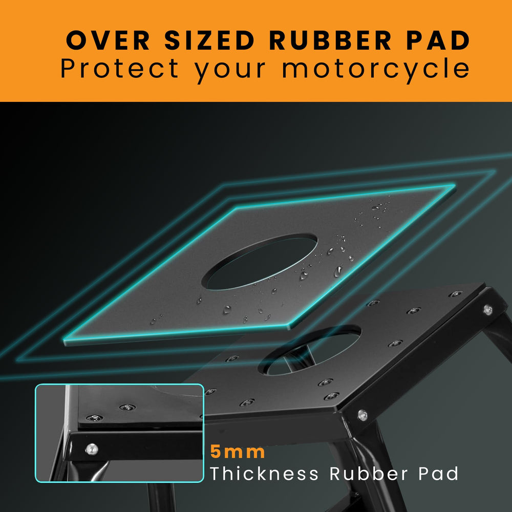 GRAND PITSTOP dirt bike stand highlighting steel construction in side view for durability