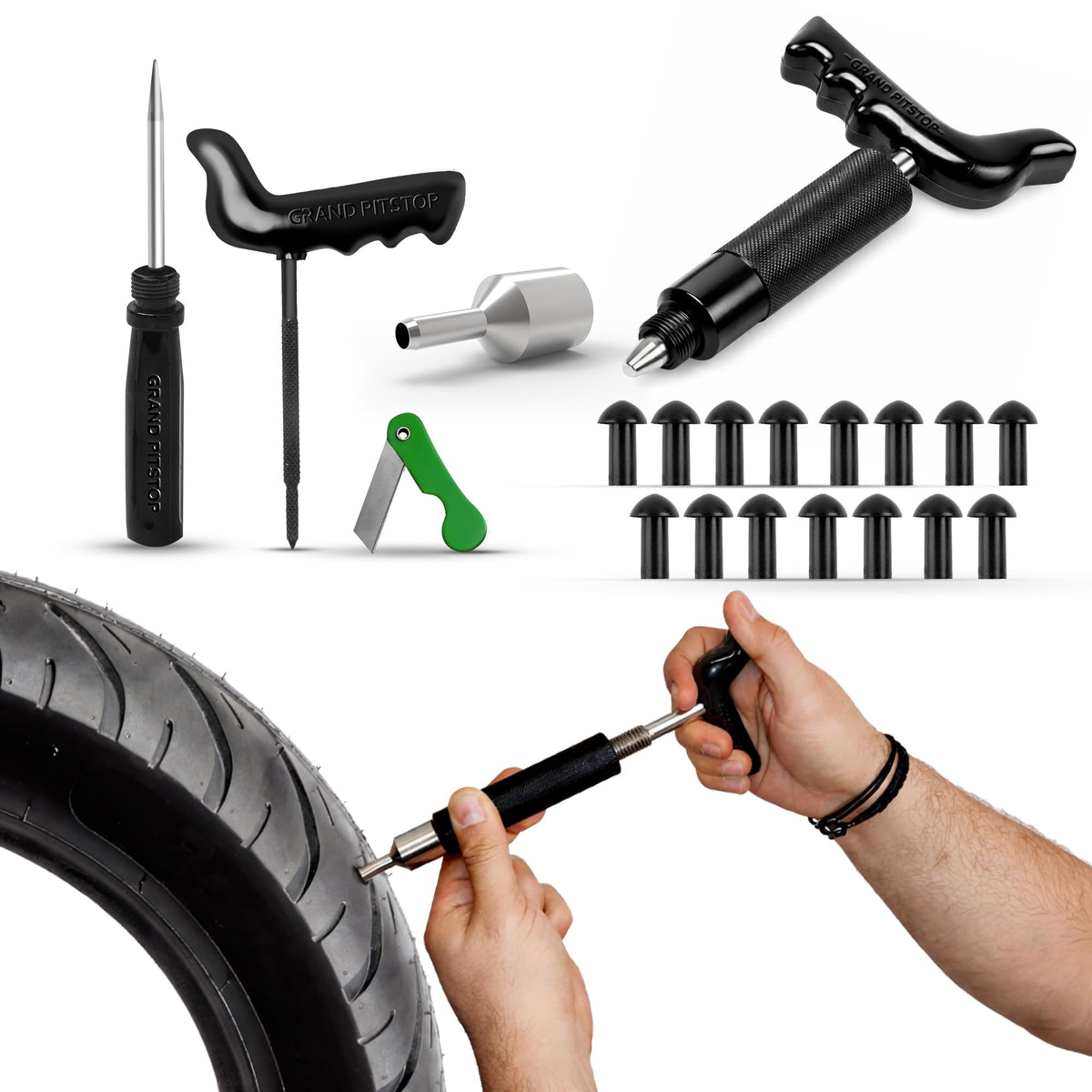 GRAND PITSTOP tubeless tire puncture repair kit ready for on-road fixes.
