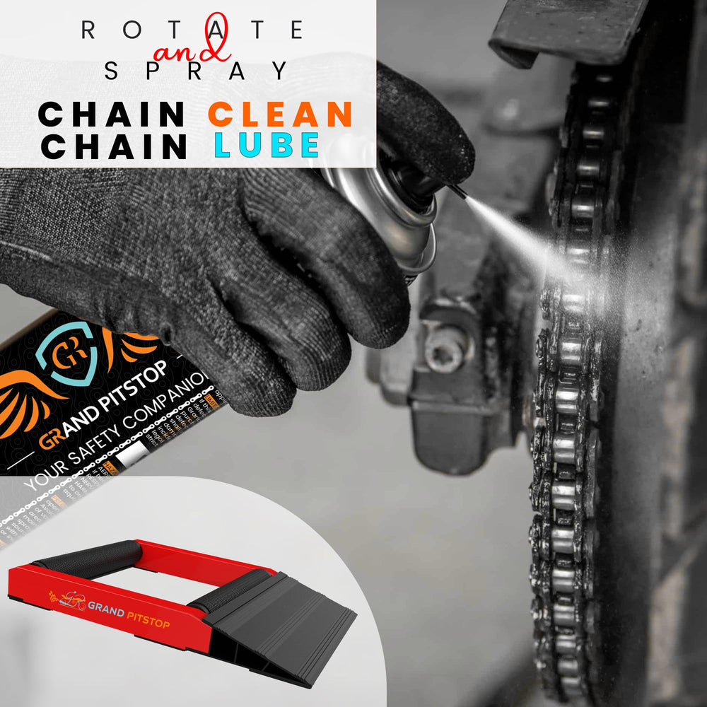 GRAND PITSTOP wheel roller stand chain lubrication setup; quick access.