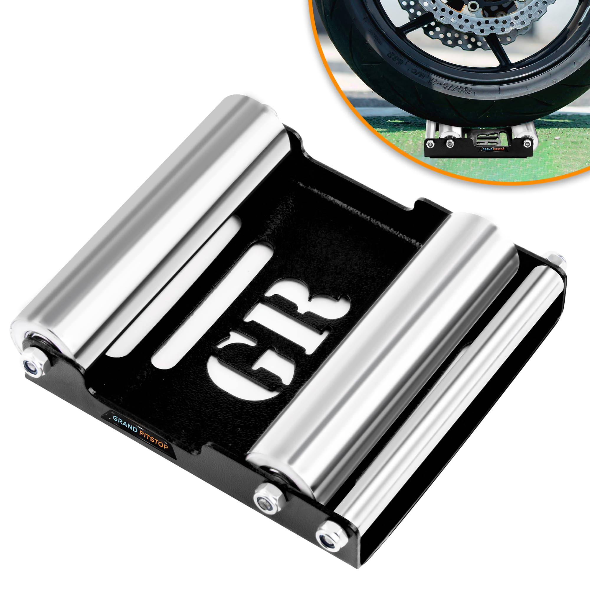 GRAND PITSTOP wheel roller stand side view for secure motorcycle maintenance.