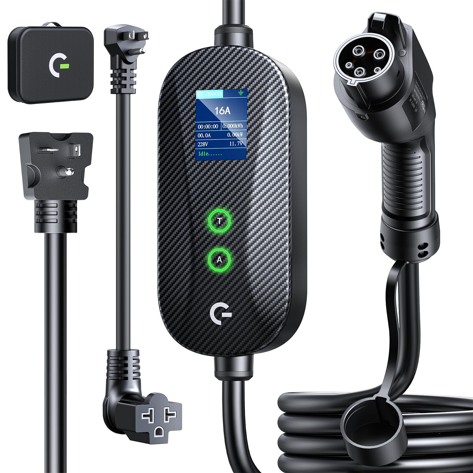 Grasside carbon fiber Level 1&2 charger front view with LCD display for real-time data.