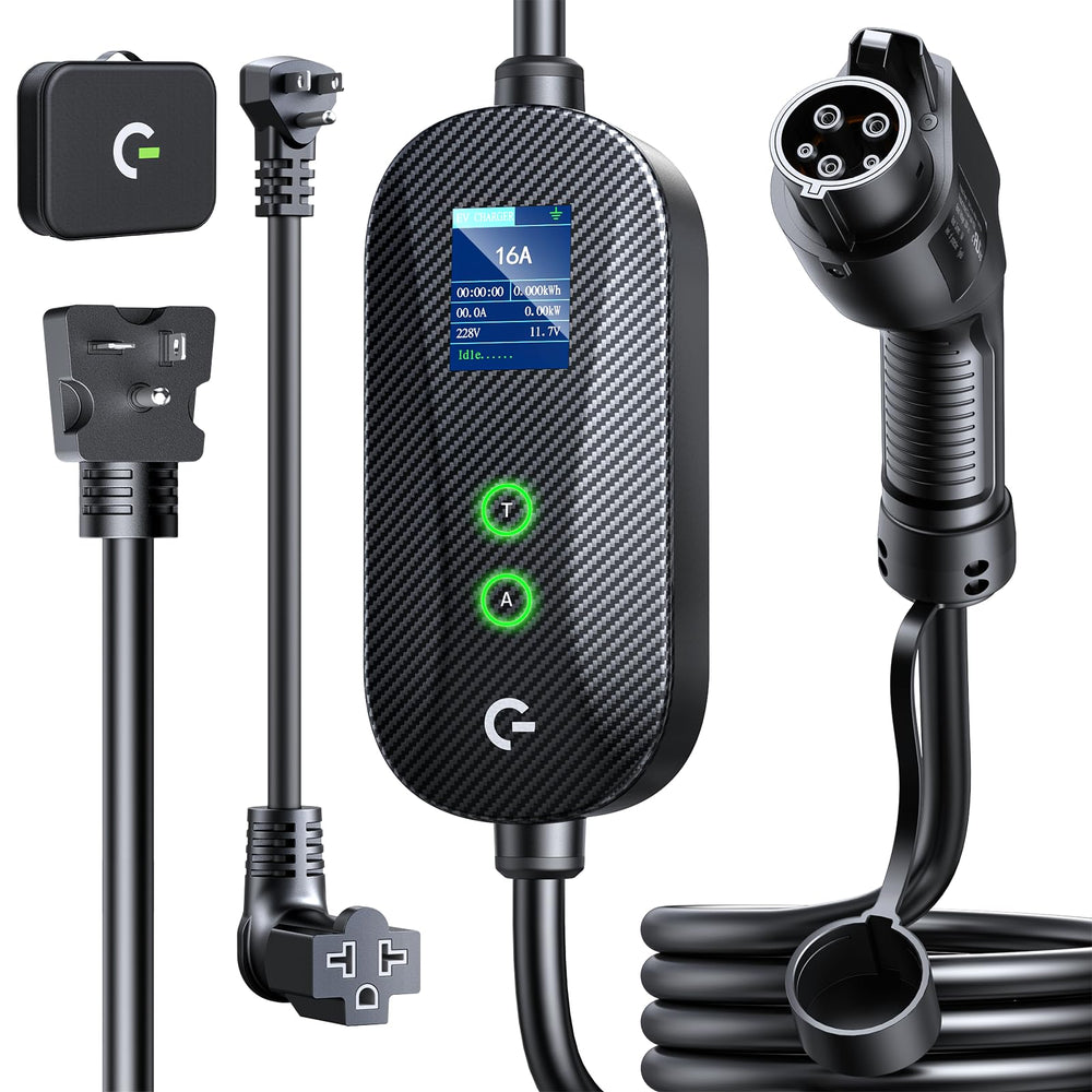 Grasside carbon fiber Level 1&2 charger front view with LCD display for real-time data.
