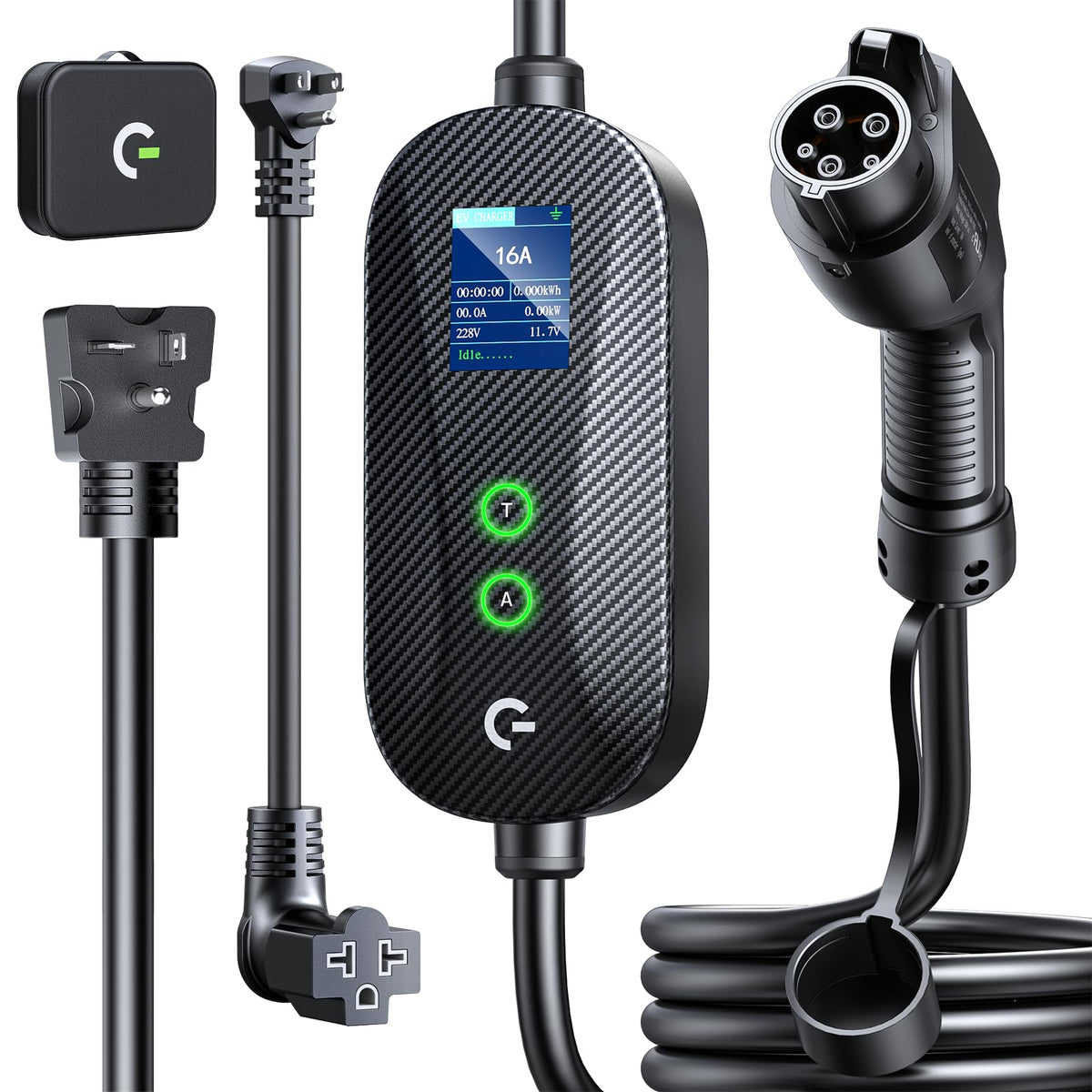 Grasside carbon fiber Level 1&2 charger front view with LCD display for real-time data.