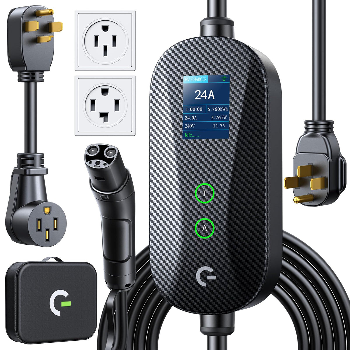 Grasside carbon fiber Level 2 Tesla charger front view shows a sleek home charging solution