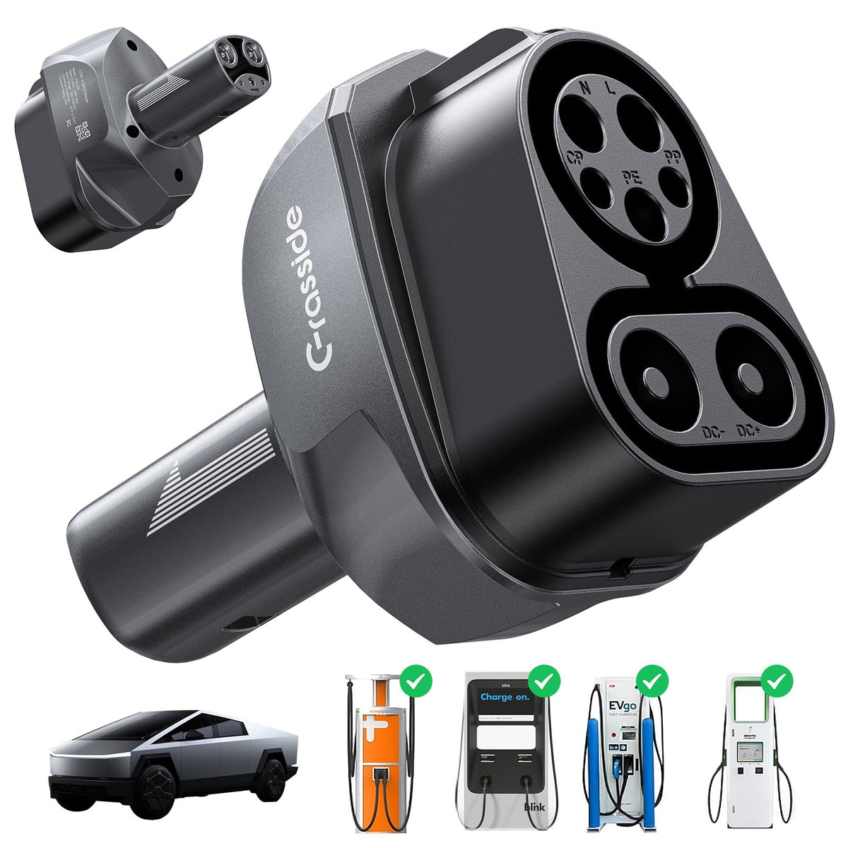 Grasside CCS1 to Tesla adapter front view enables fast DC charging on long trips