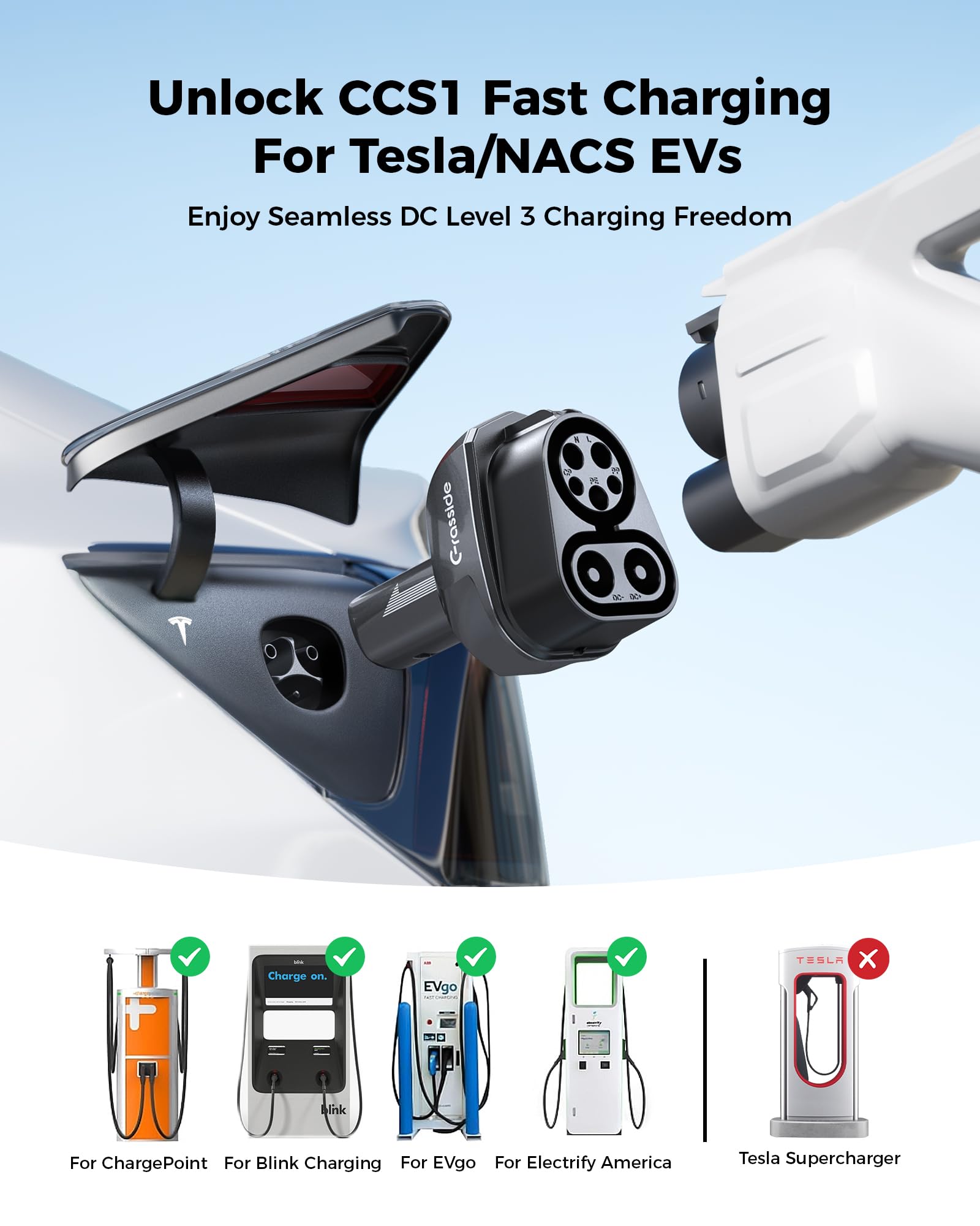Grasside CCS1 to Tesla adapter side view supports Level 3 charging
