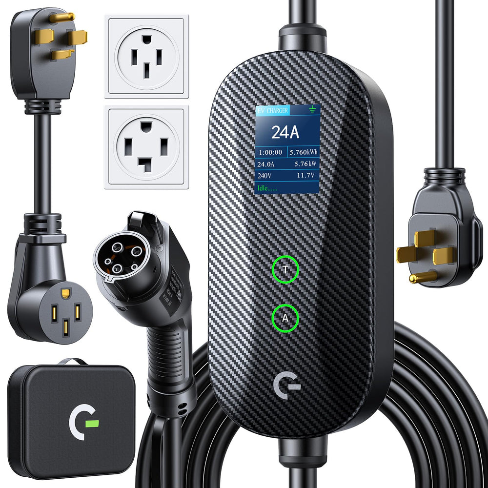 Grasside EV charger front view showing compact carbon fiber styling for home use