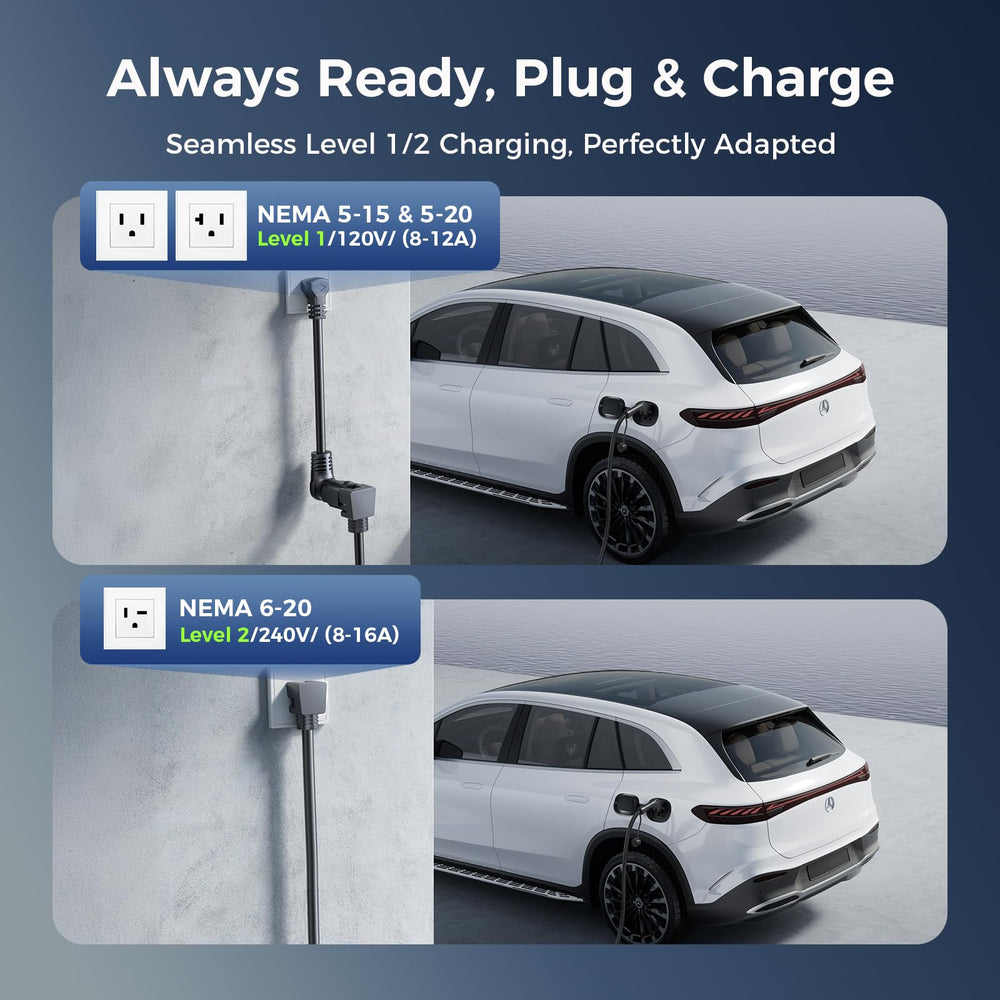 Grasside portable EV charger connected to a wall outlet during a road trip scenario.