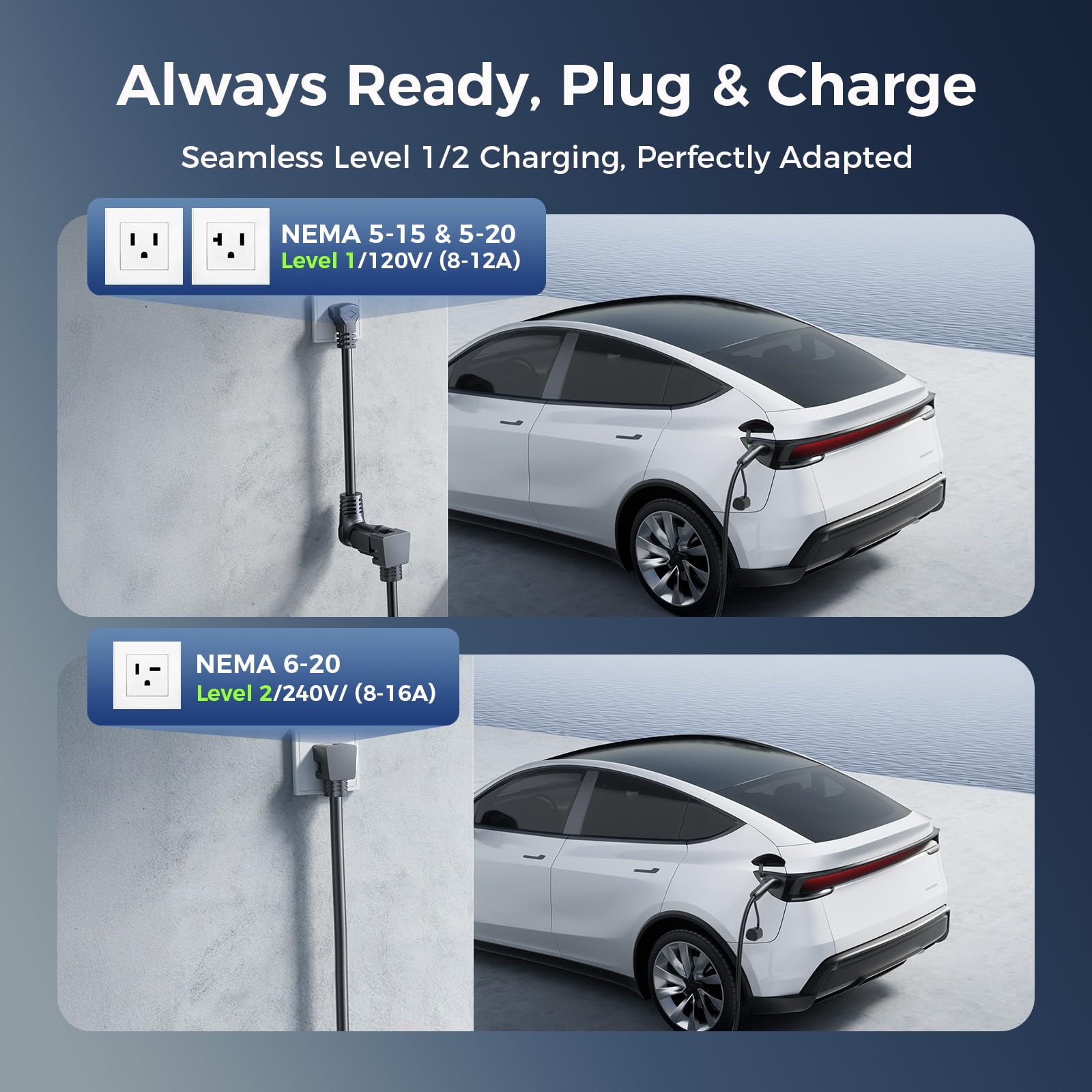 Grasside charger with a 21-foot cable extending reach for garage or travel.