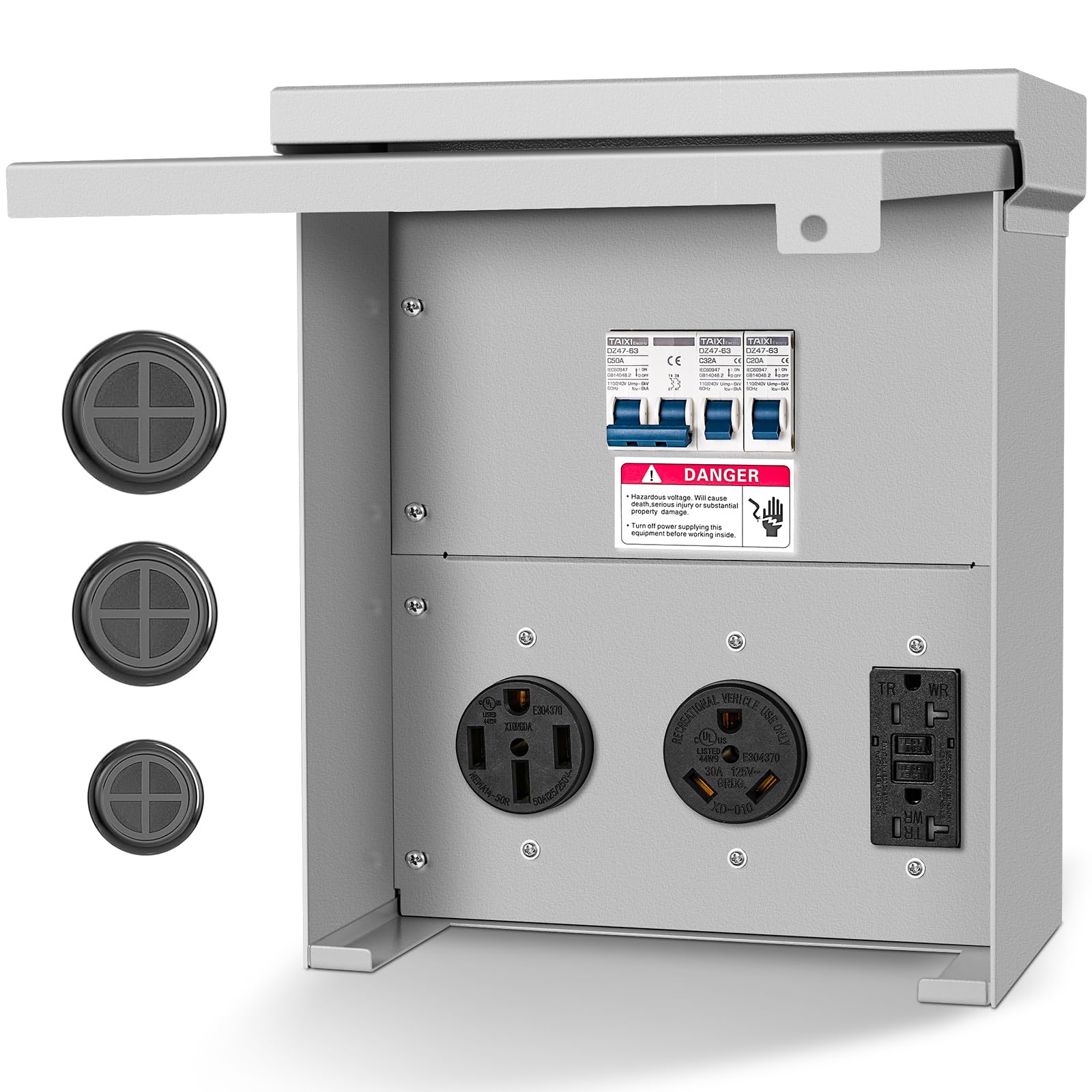 Gravimorph outlet panel front view highlighting rugged RV power hub.