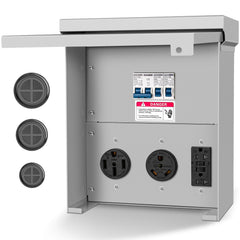 Gravimorph outlet panel front view highlighting rugged RV power hub.