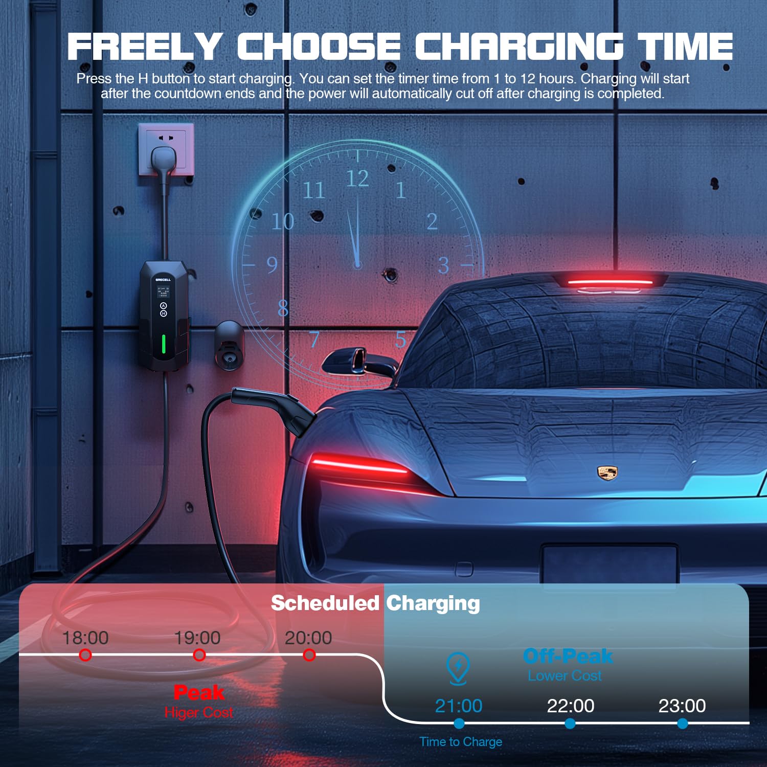 GRECELL EV charger extended cable reach for garages and driveways
