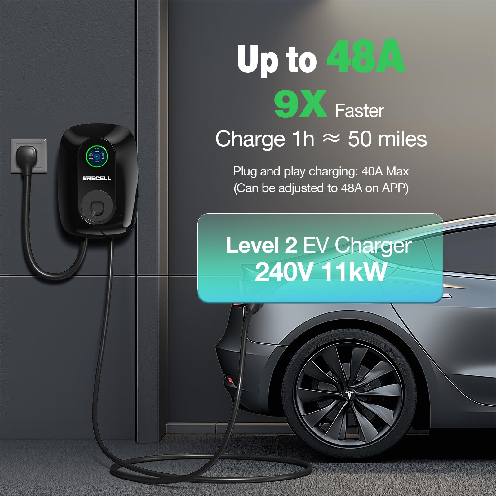 GRECELL NEMA 14-50 home charging setup for convenient parking.