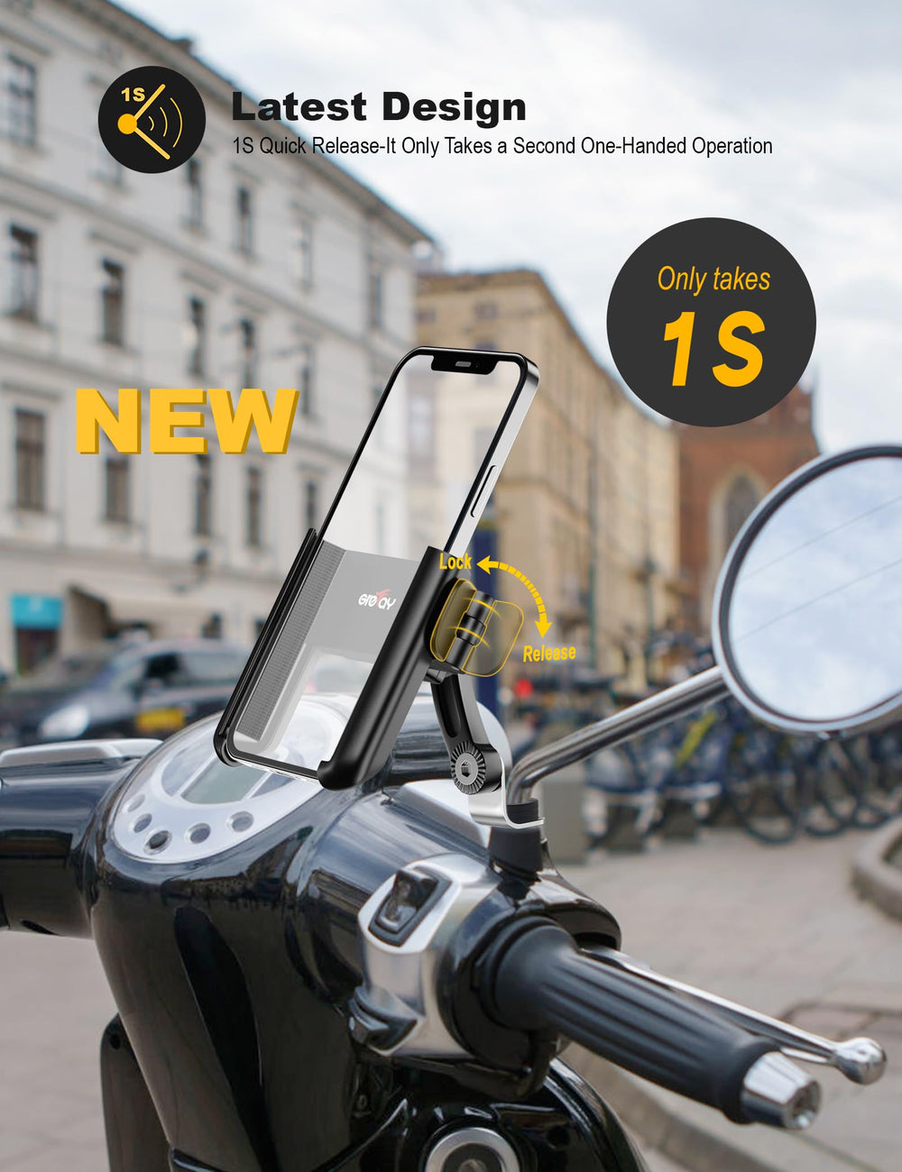 Grefay anti-shake holder clamp stabilizing a phone on rough roads.