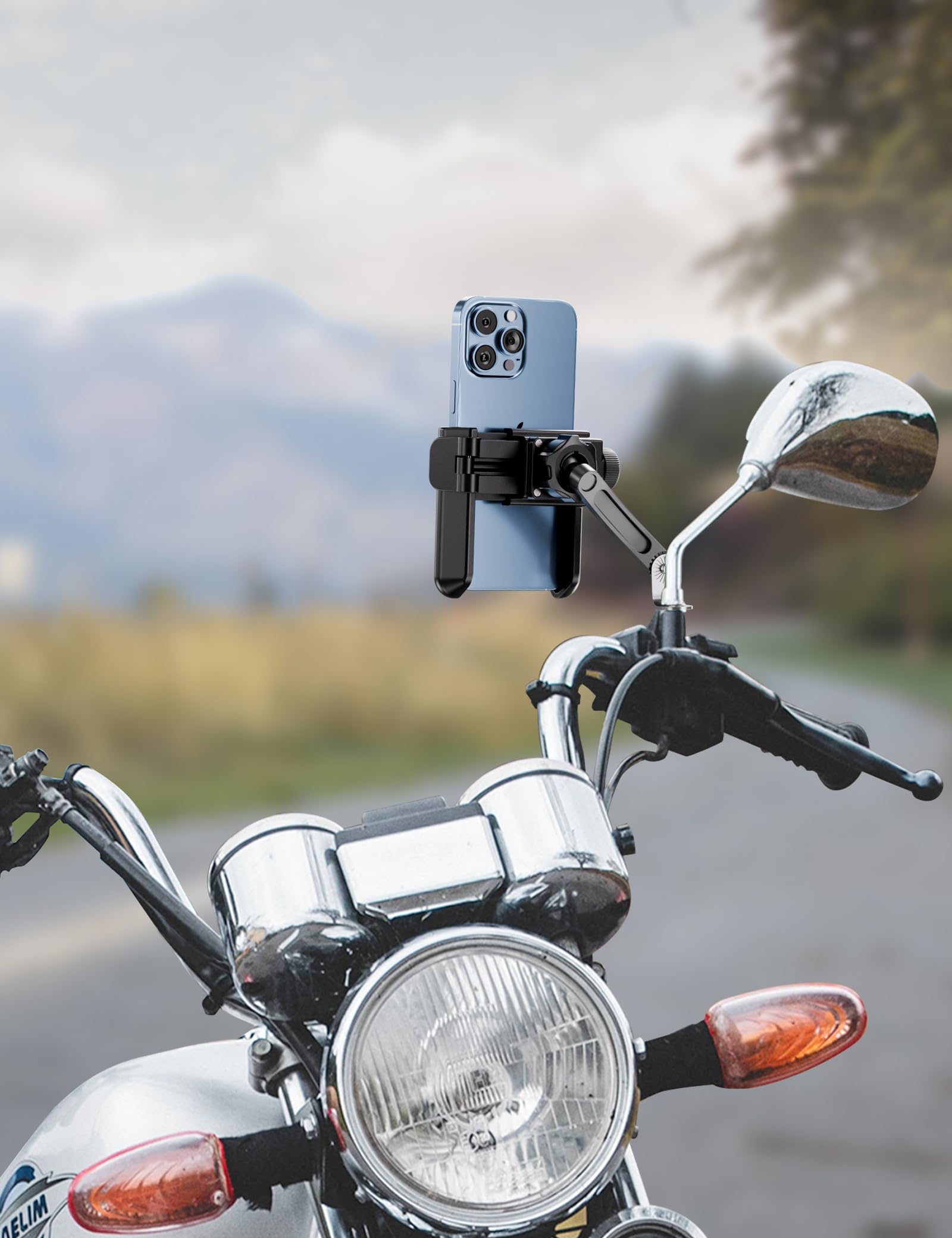 Grefay secure mount suitable for 3.5 to 7.0 inch smartphones on a bike mirror.