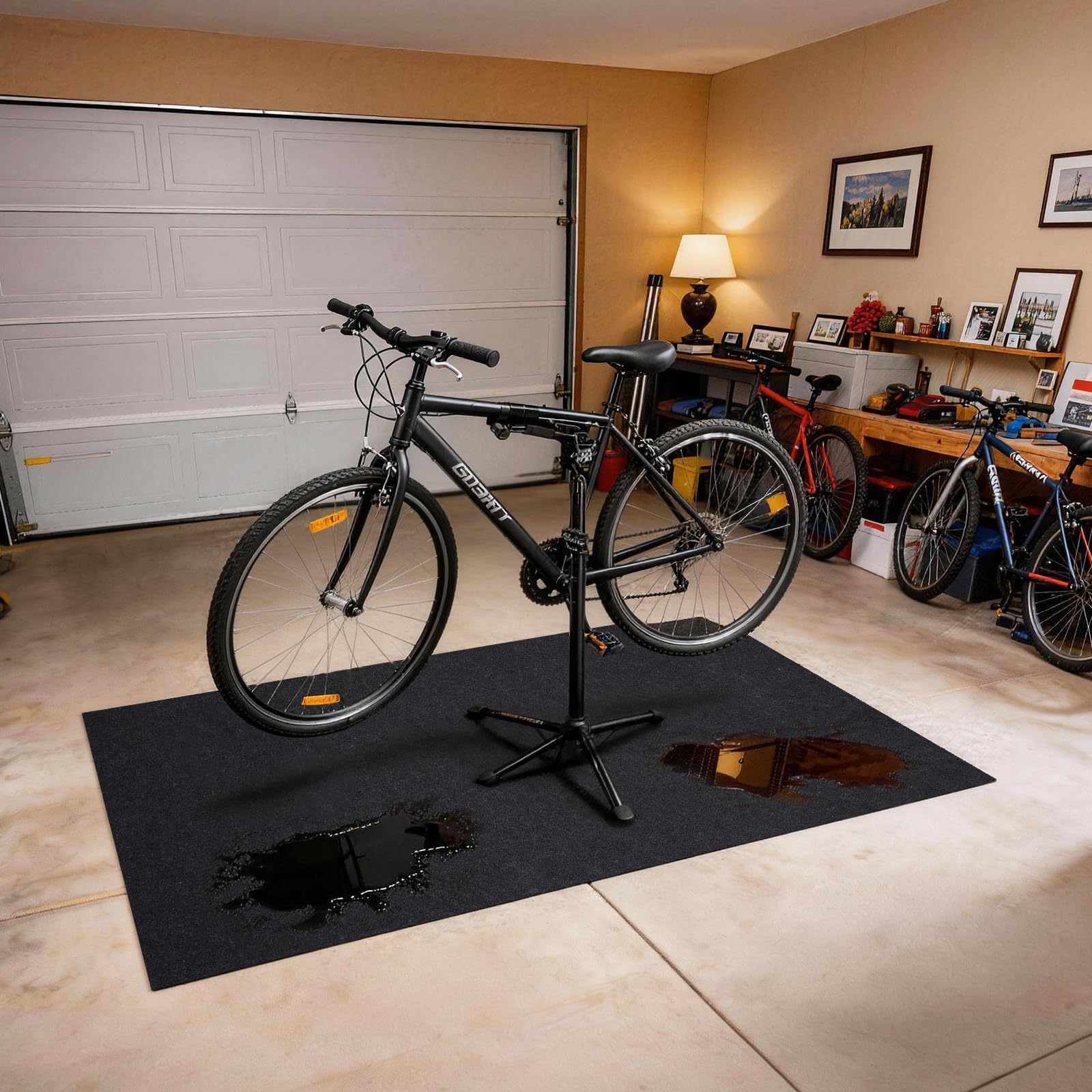Grefinity car mat guards garage floor against chemicals.
