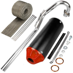 GREHUA 28mm exhaust muffler close-up shows durable welds and metallic finish for long-lasting use.